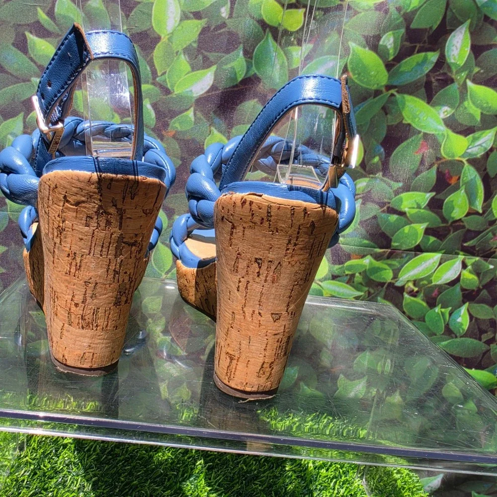 Schutz Blue Braided Leather Cork Wedge Platform Sandals Womens 6B Made in Brazil